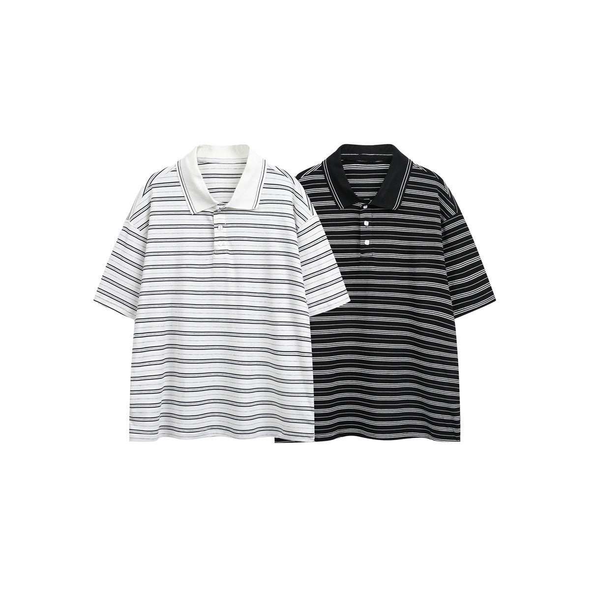 Front view of two short-sleeve striped polo shirts: one white with dark stripes and one black with white stripes.