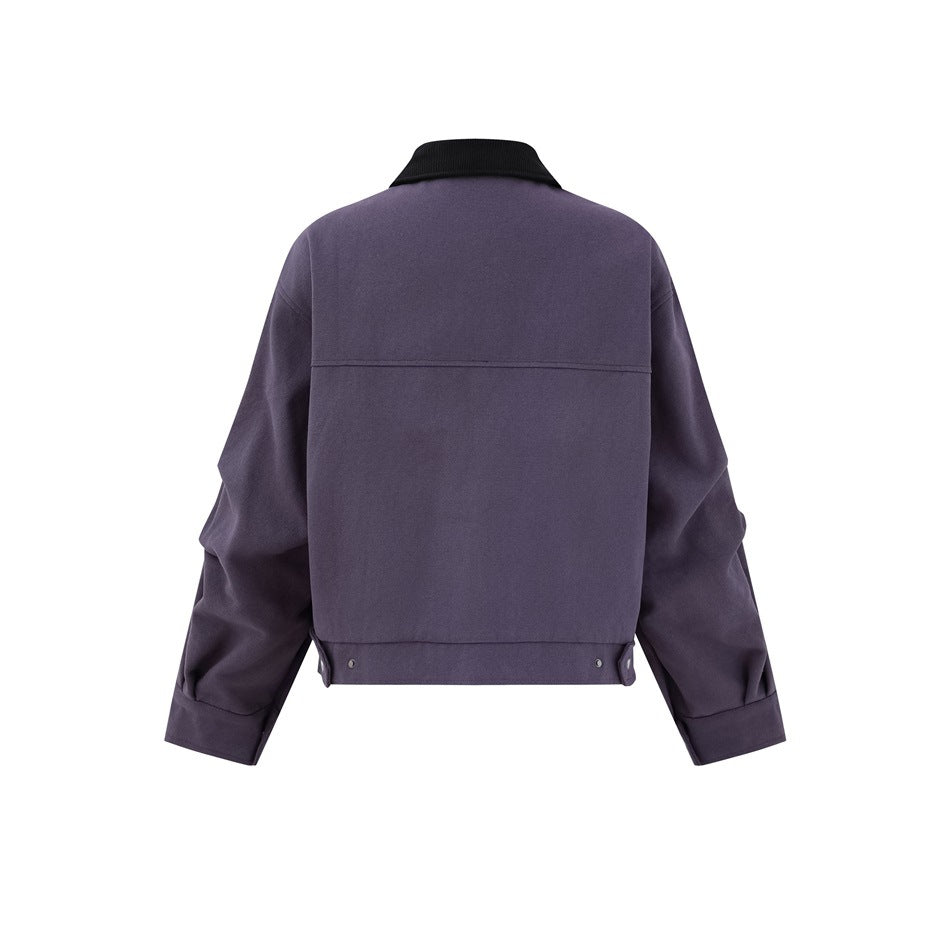 Back view of a purple cropped jacket with a black collar, long sleeves, and snap-adjustable hem.