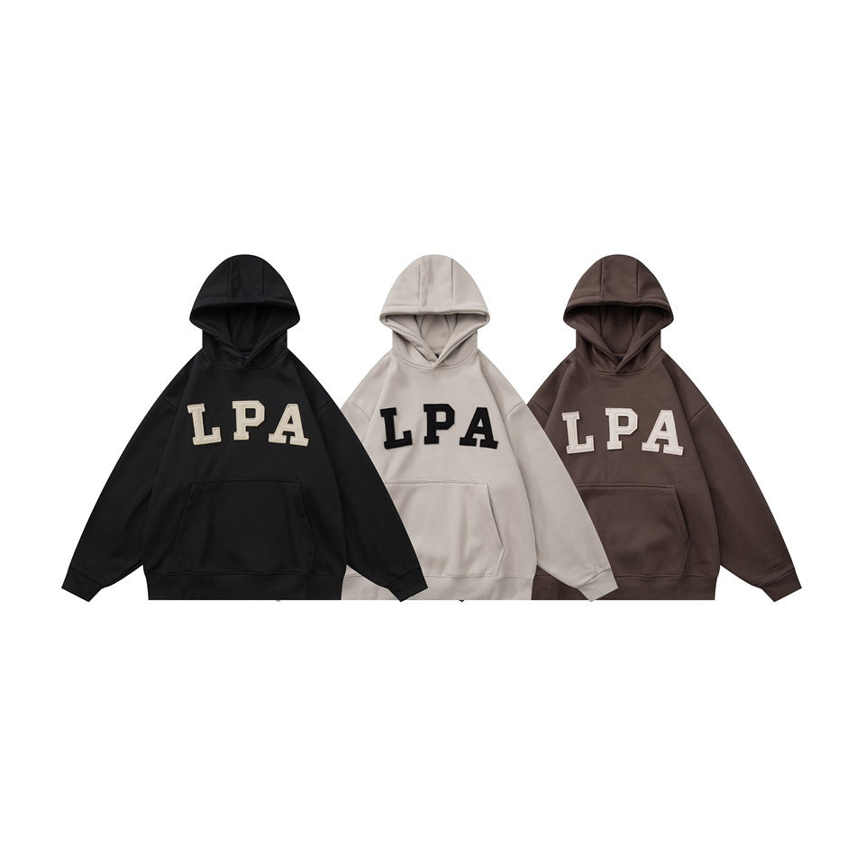 Three front-view pullover hoodies with kangaroo pockets and LPA chest lettering in black, light beige, and dark brown.