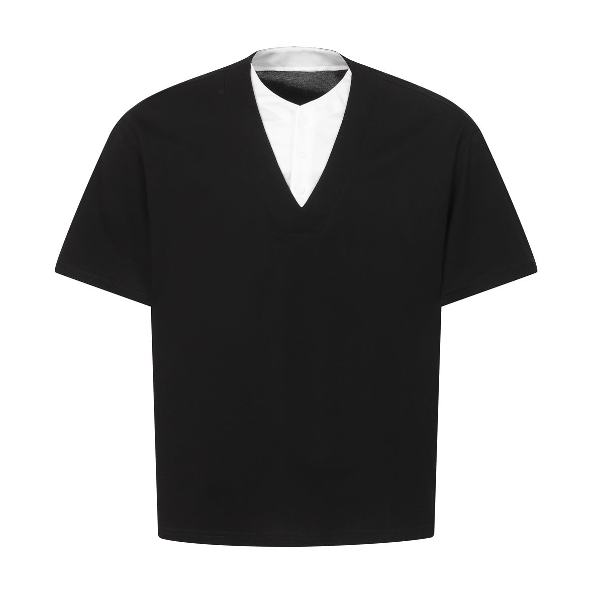 Black short-sleeve V-neck T-shirt with white layered button-placket collar insert, front flat view