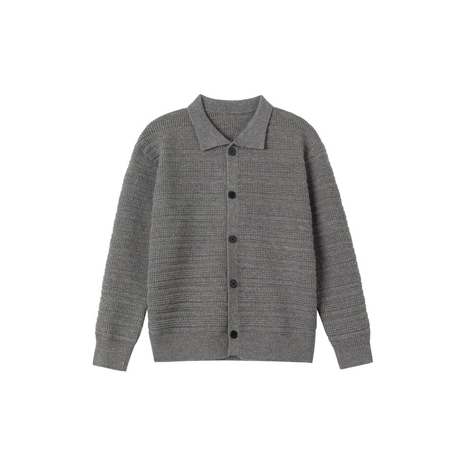 Gray green textured knit cardigan with pointed collar and five black buttons, flat front view