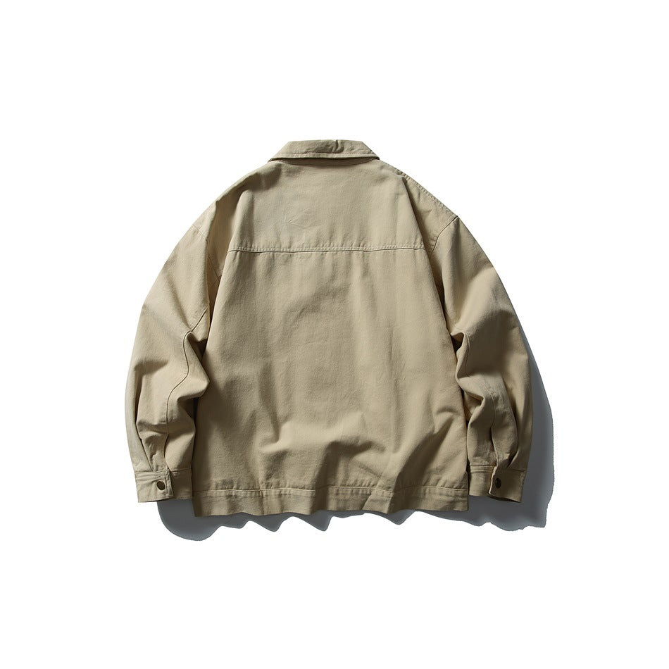 Back view of a light beige collared jacket with long sleeves, a straight hem, and buttoned cuffs.