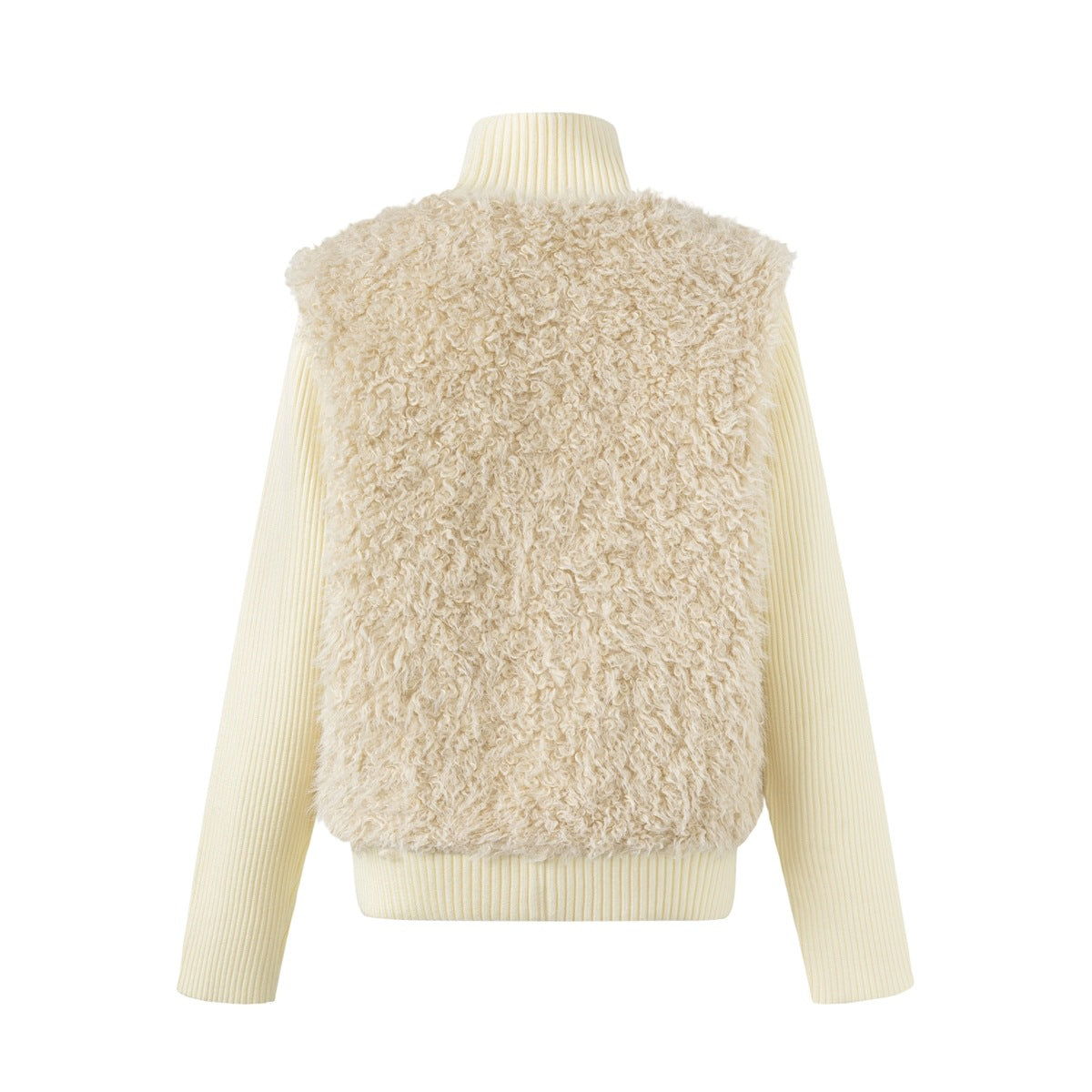 Back view of off-white jacket with curly faux lambskin back panel and ribbed knit collar, sleeves and hem