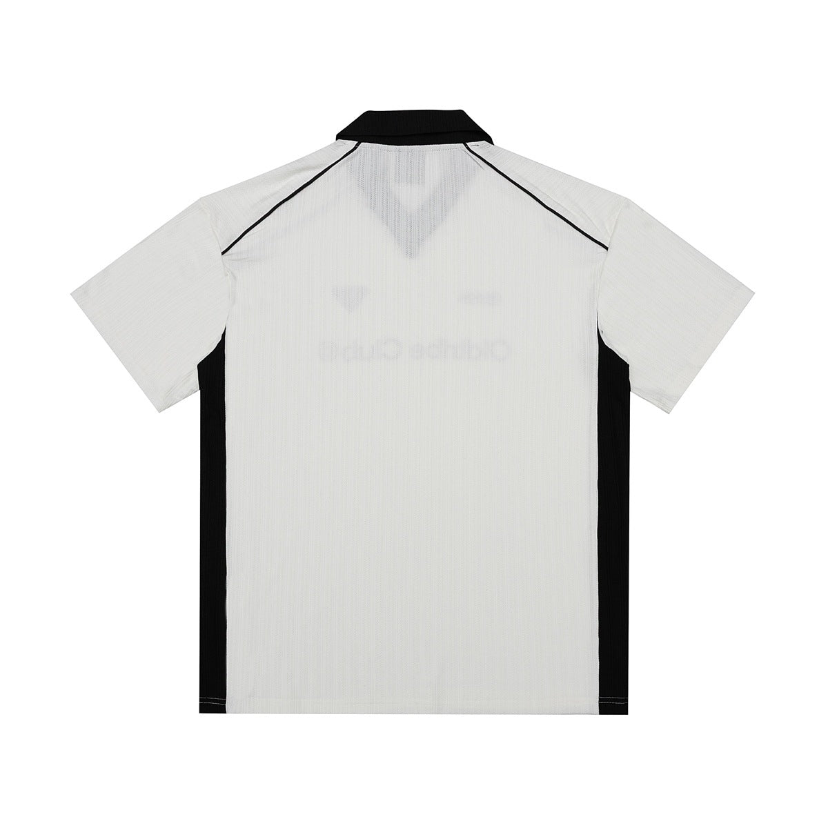 Back view of a white short-sleeve collared shirt with black side panels and piping.