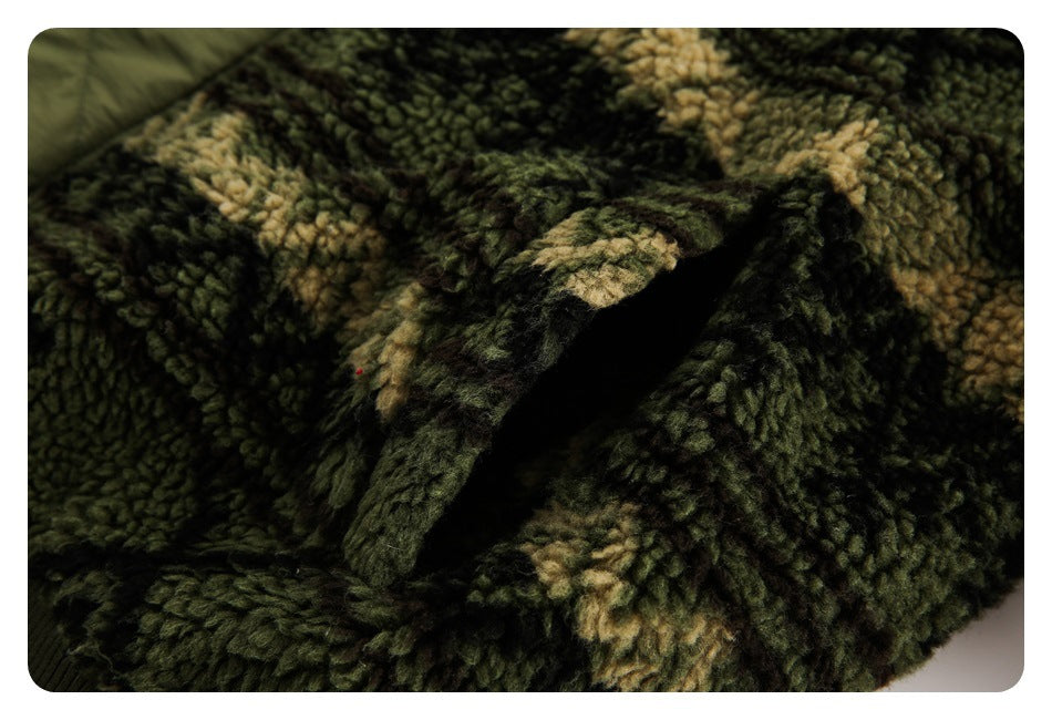Close-up of the jacket's dark green and tan fuzzy fabric and a small opening.