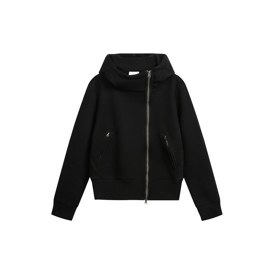 Front of a black hooded jacket with an asymmetrical silver zipper, two zip pockets, and ribbed cuffs and hem.