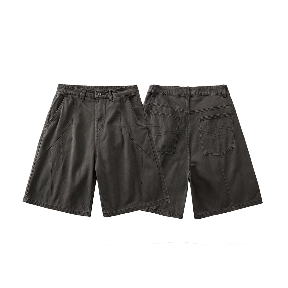 Charcoal gray knee-length shorts shown from the front and back, with angled front pockets and stitched back pockets.