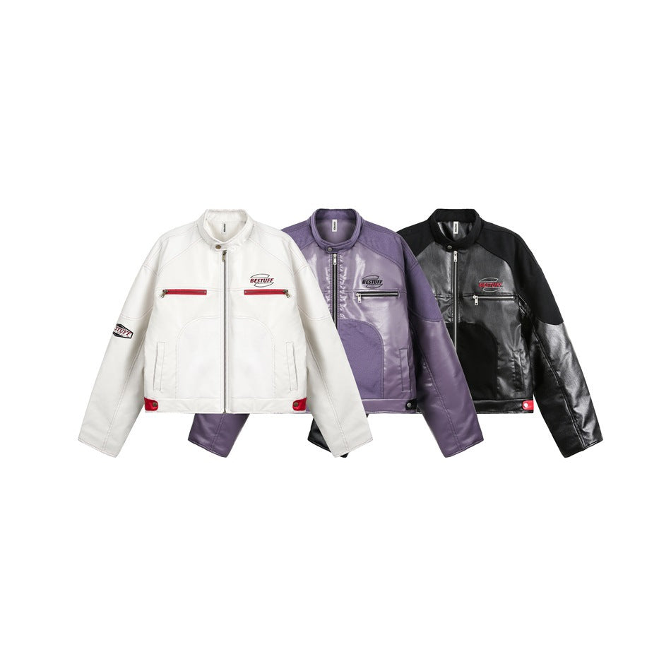 Three front-view jackets in white, purple, and black, each with a stand collar and zippered chest pockets.