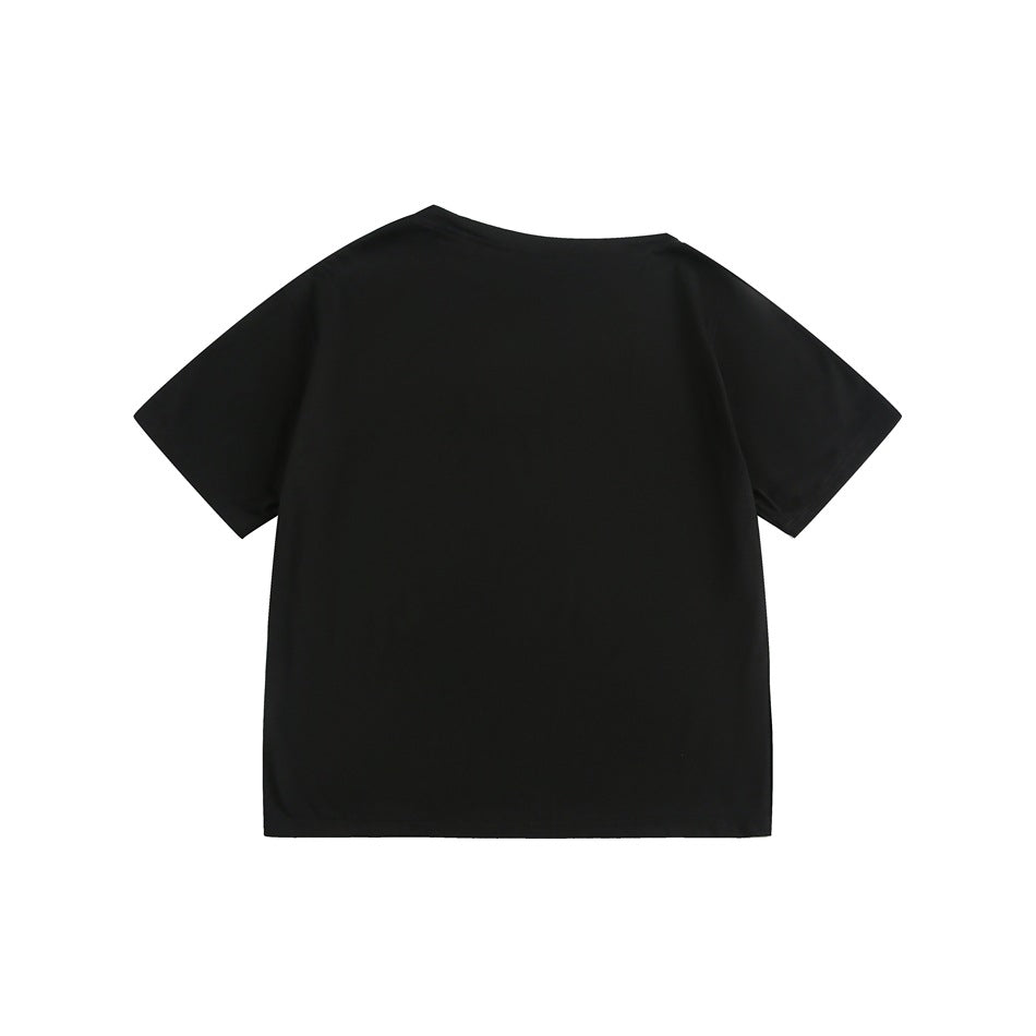 Back of a plain black short-sleeve crew-neck T-shirt displayed flat on a white background.
