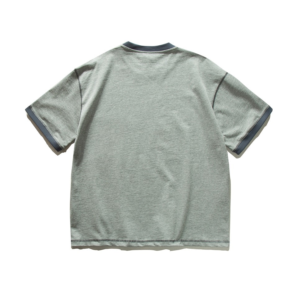 Back view of a gray short-sleeve T-shirt with dark trim at the crew neck and sleeve cuffs.