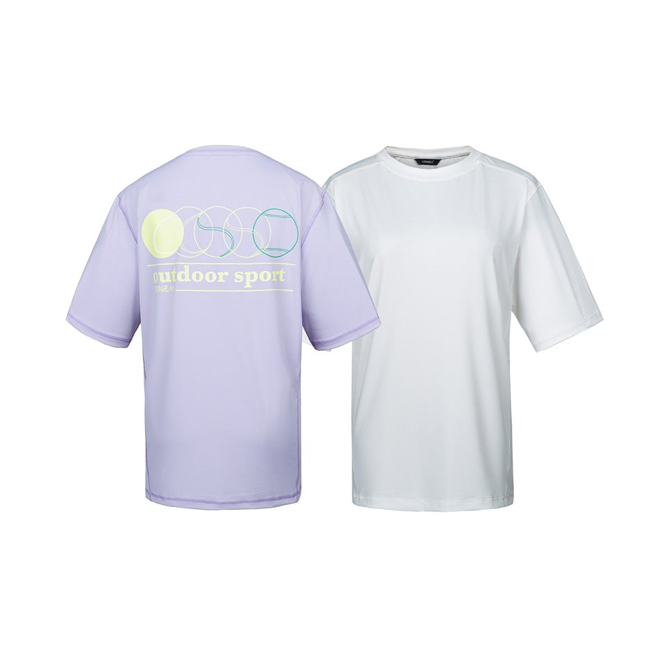 White T-shirt shown from the front beside a lavender T-shirt shown from the back with a lime and green graphic.