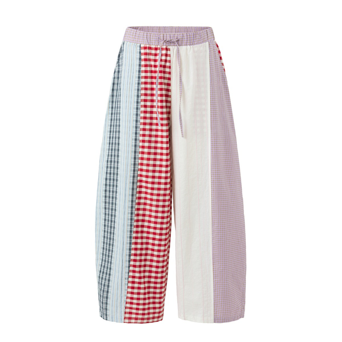 Flat front view of wide-leg patchwork pants in plaid, red gingham, white and lavender check panels with drawstring waist