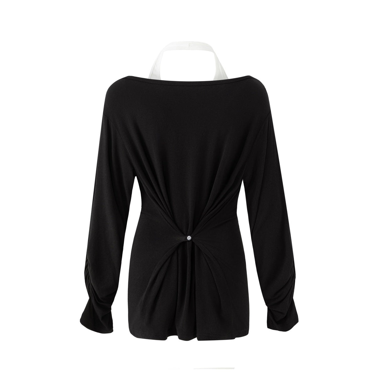 Black long-sleeve top with a wide neckline and gathered fabric fastened at the waist by a small button.