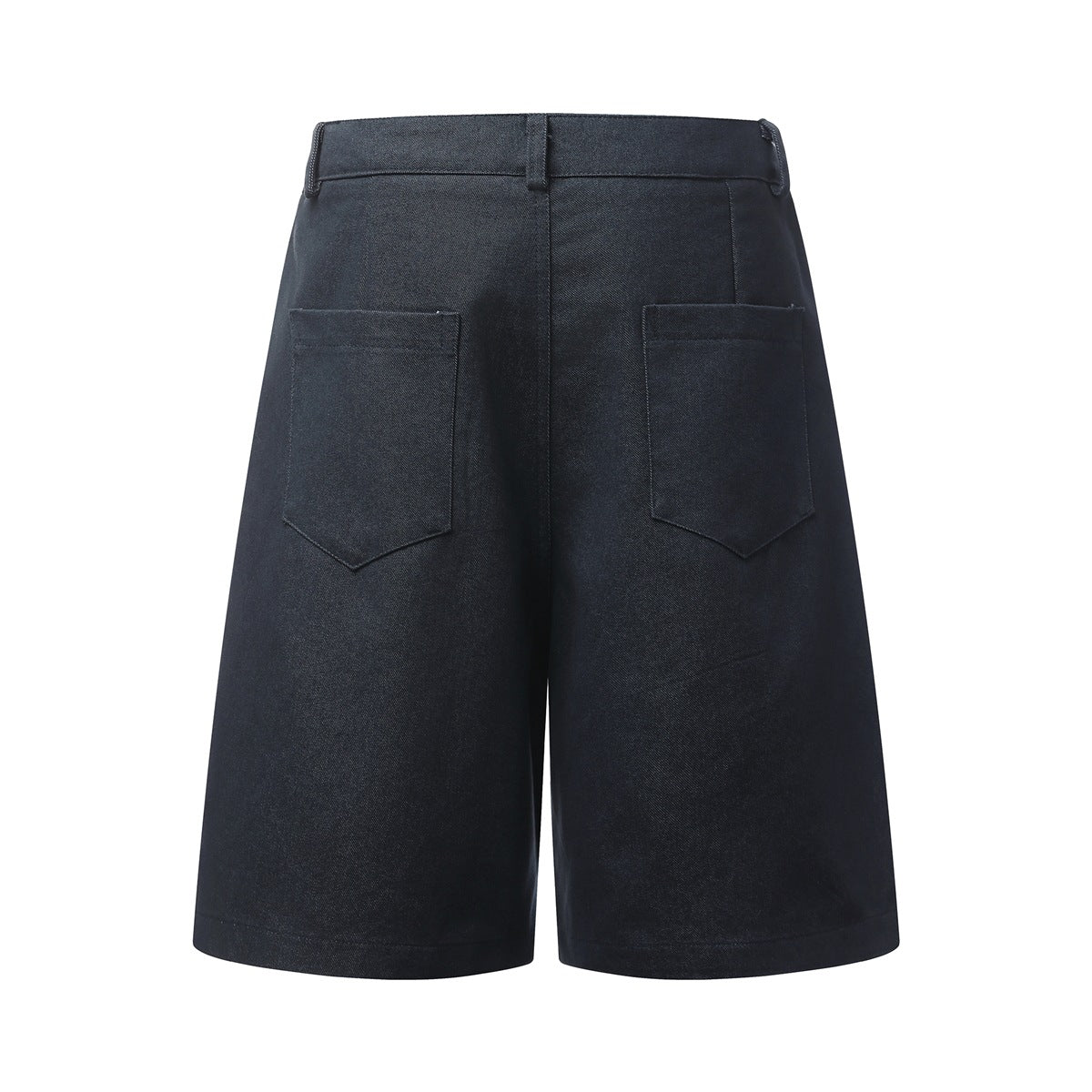 Back view of navy wide-leg shorts with two pointed patch pockets and belt loops