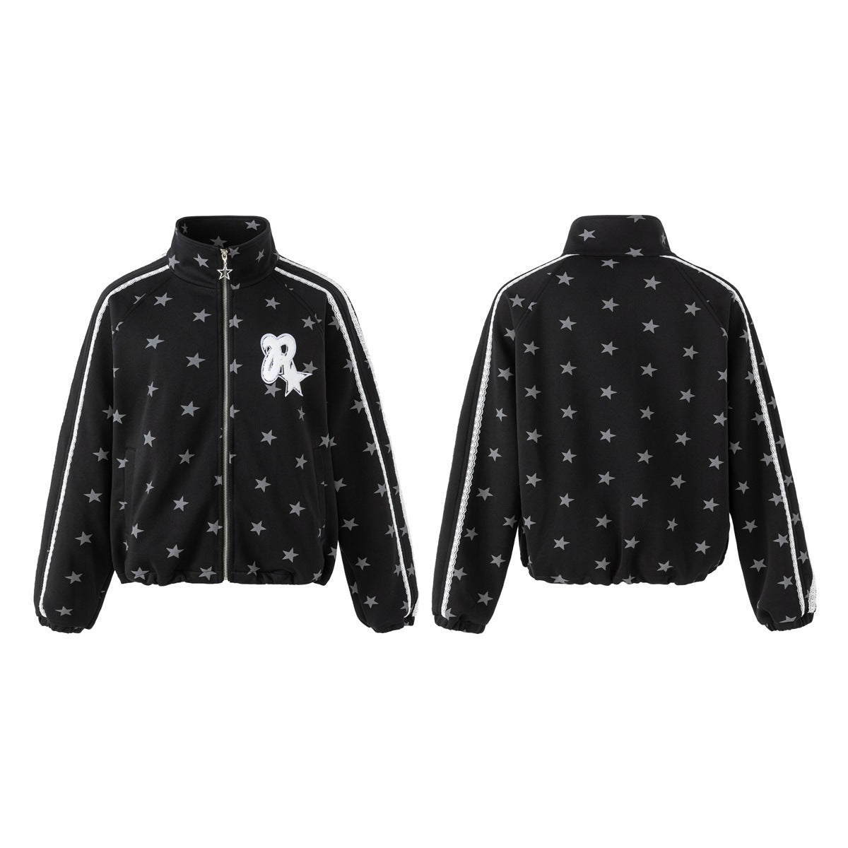 Black zip jacket shown from front and back, with gray stars, white sleeve stripes, and a white chest patch.