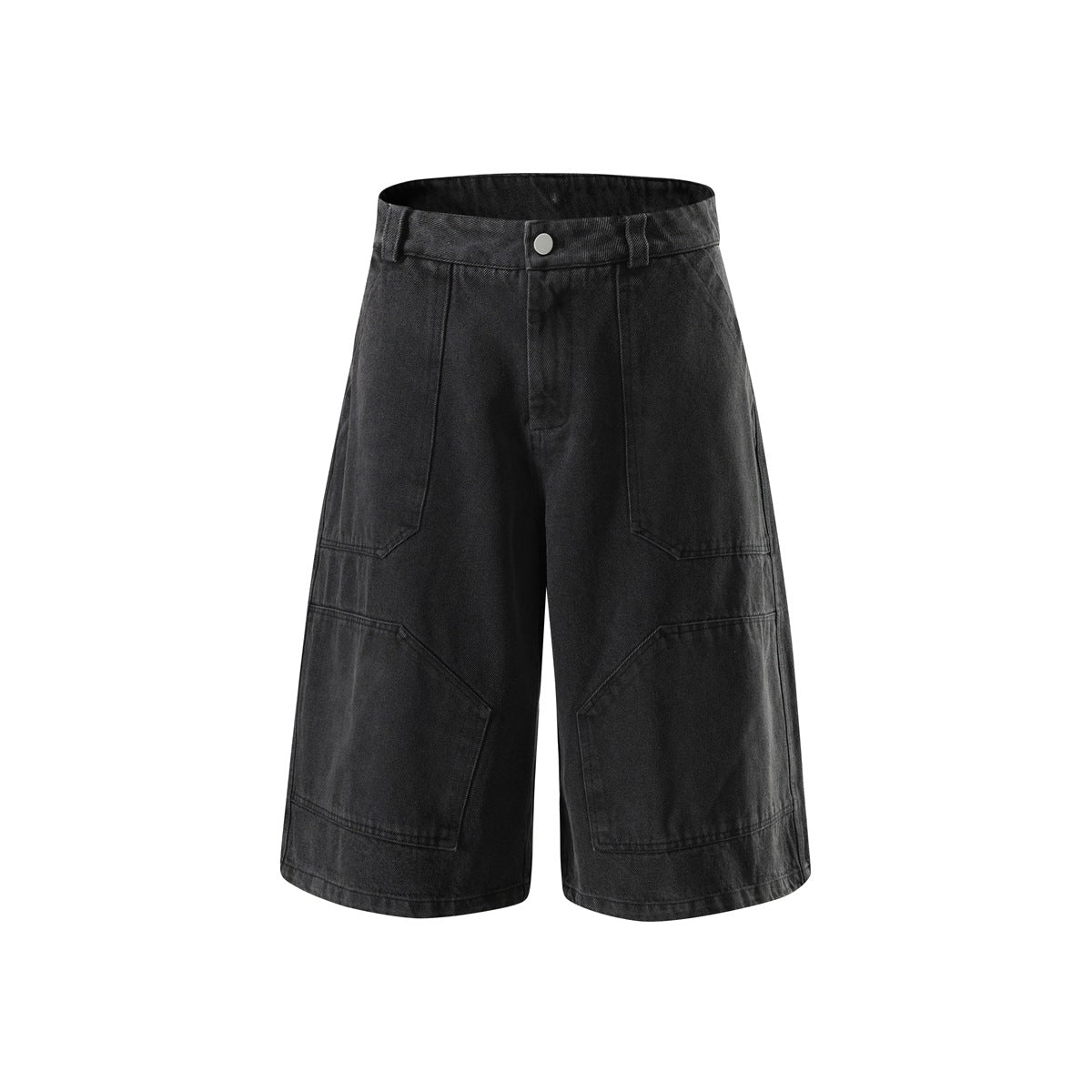 Front view of black washed denim-look knee-length shorts with button closure and paneled front seams