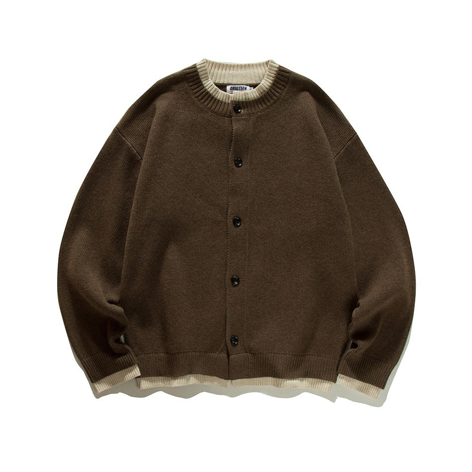 Coffee brown knit button-front cardigan with cream ribbed trim at collar, cuffs and hem, flat lay front view