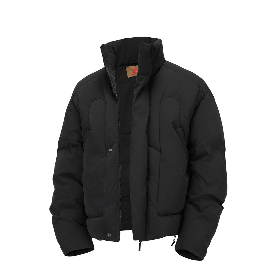 Black puffer jacket with stand collar, partly unzipped, showing quilted front panels and inner lining