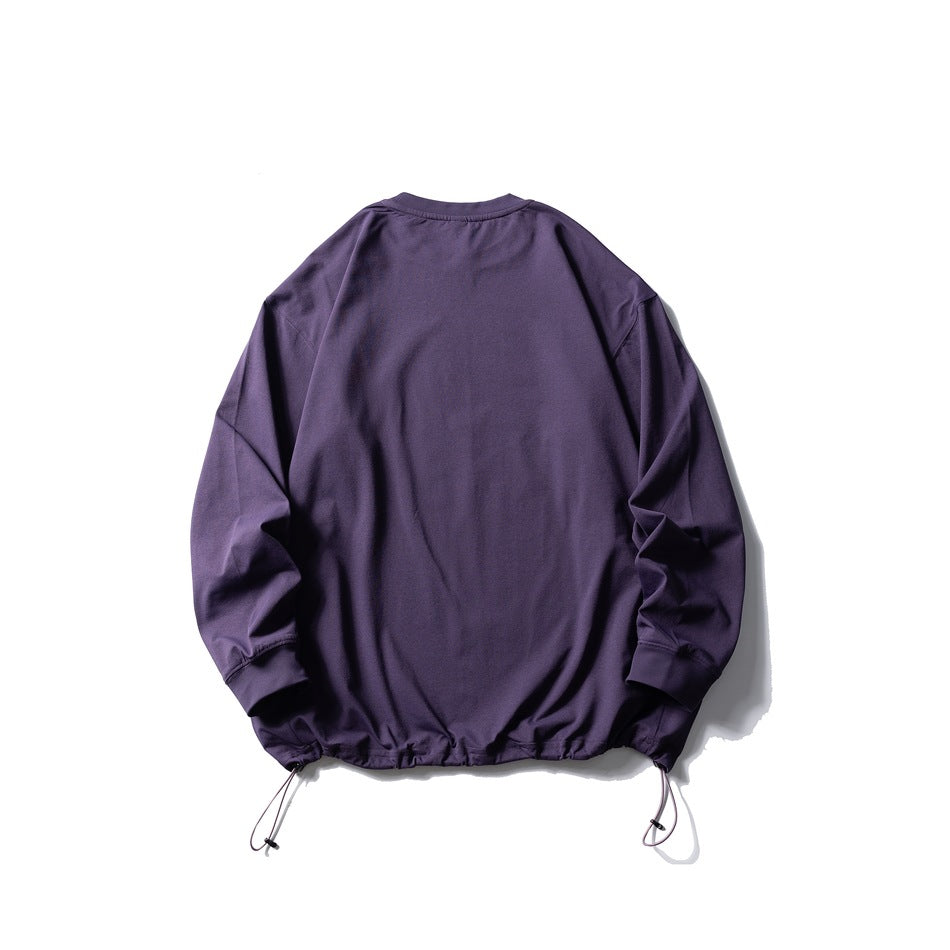 Back view of a dark purple long-sleeve pullover with a drawcord-adjustable hem, laid flat on white.