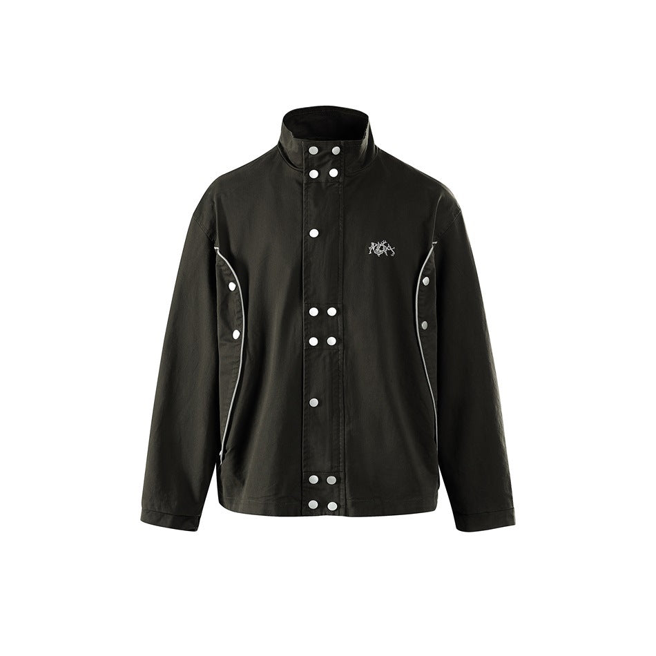 Dark olive-green stand-collar jacket with silver snap buttons, light side piping and chest logo, front view