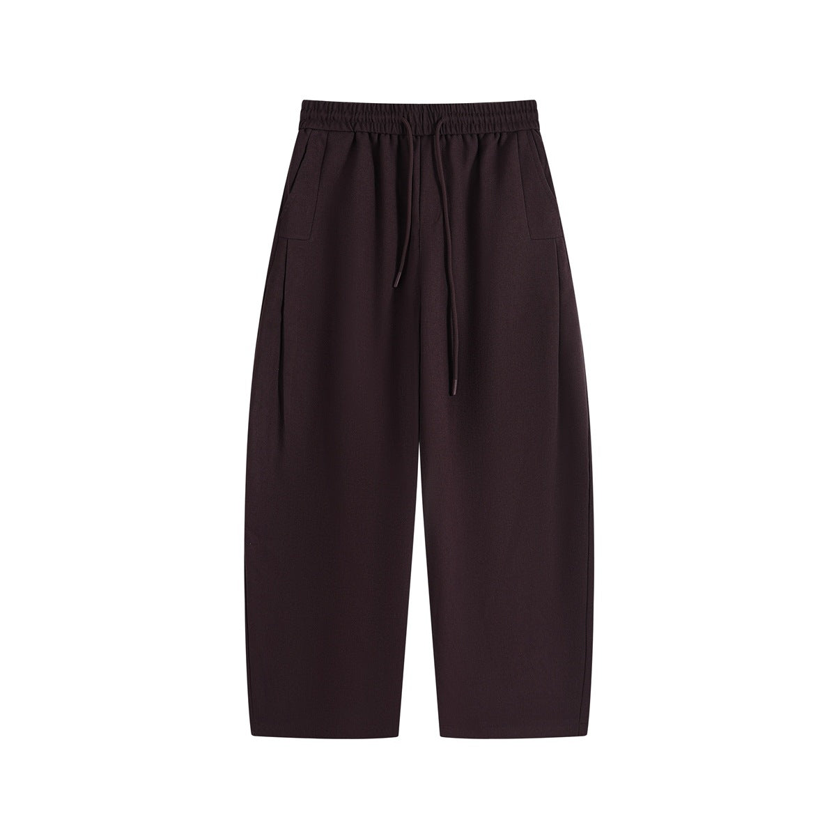 Plum purple wide-leg drawstring pants with elastic waistband and side pockets, flat front view