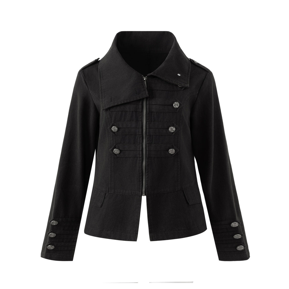Black cropped zip jacket with asymmetric fold-over collar, epaulettes, and silver-tone buttons on chest tabs and cuffs