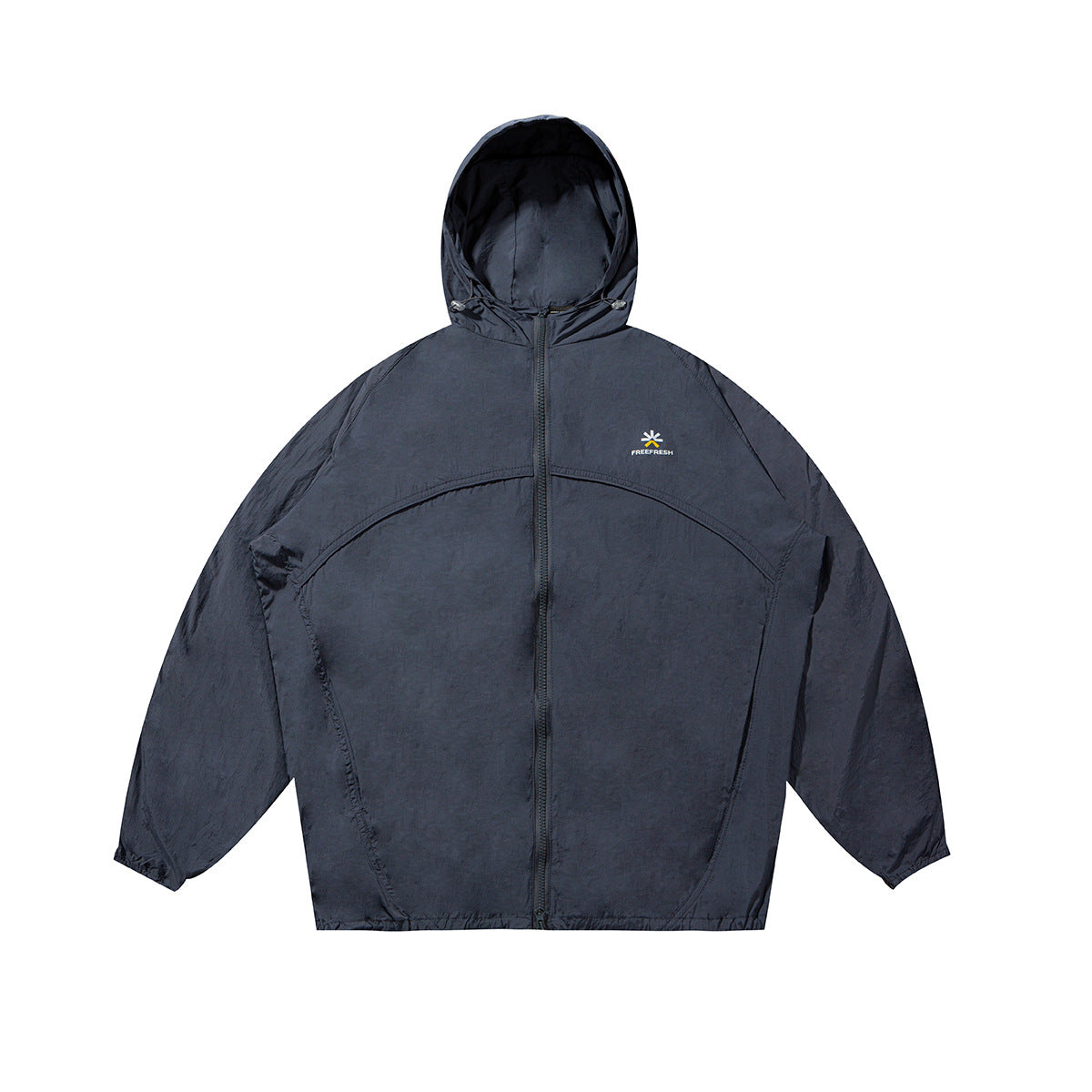 Navy blue hooded full-zip jacket with curved seam panels and drawcord hood, flat front view