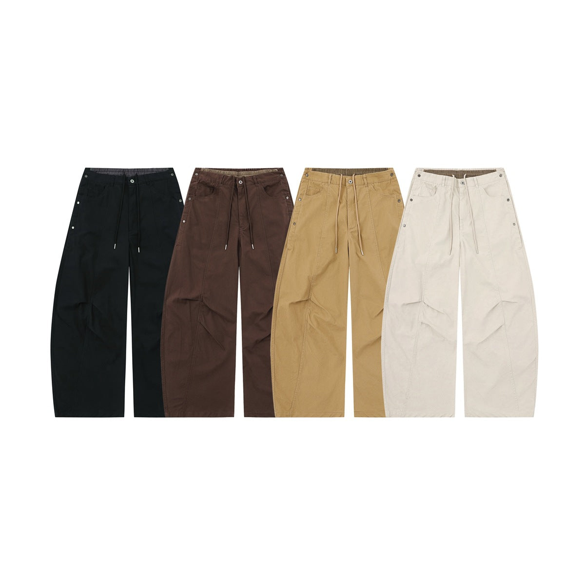 Four pairs of wide-leg drawstring trousers shown from the front in black, dark brown, tan, and off-white.