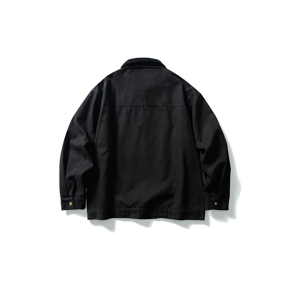 Back view of a black jacket with a dark collar, long sleeves, and buttoned cuffs on a white background.
