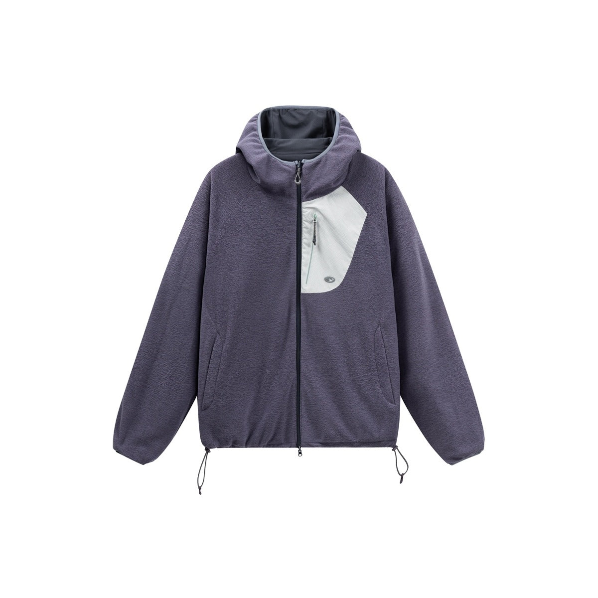 Front view of a muted purple hooded jacket with a full-length zipper, pale chest pocket, and hem drawcords.