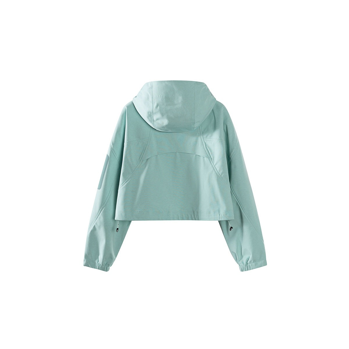 Back view of a light aqua cropped hooded jacket with long sleeves and adjustable hem cords.