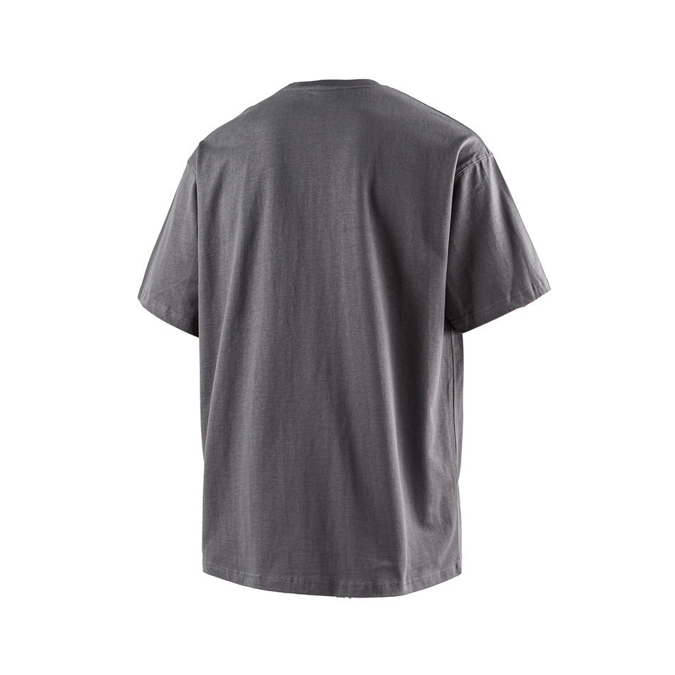 Plain charcoal gray short-sleeve crew-neck T-shirt shown from the back on a white background.