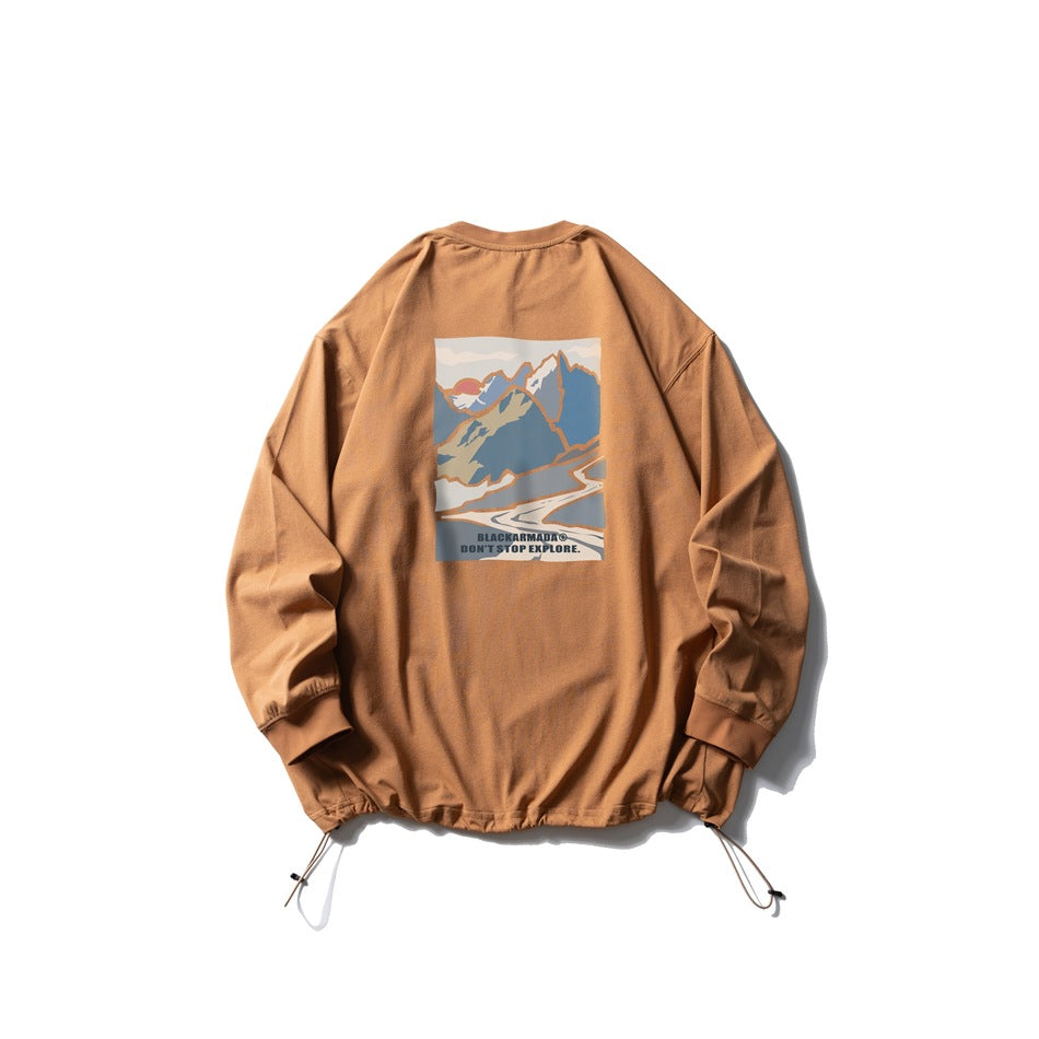Rust-brown long-sleeve crewneck pullover with an adjustable drawcord hem and a colorful mountain graphic printed on the back.
