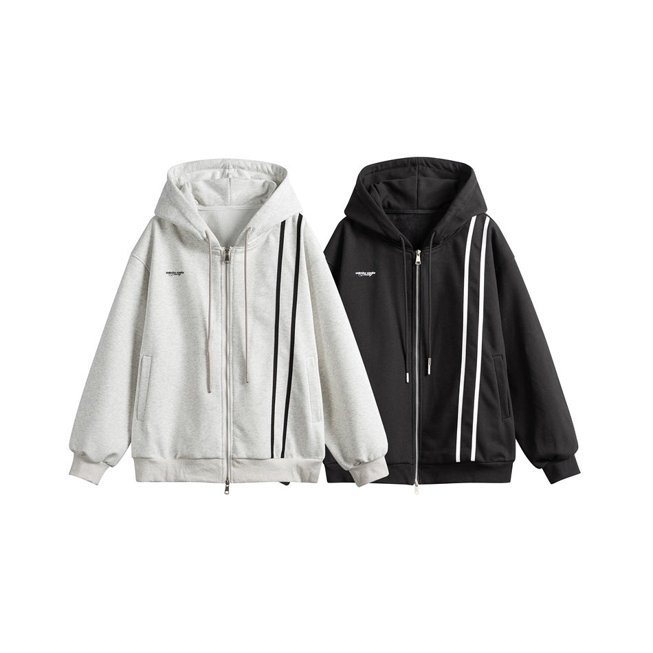 Front view of light gray and black zip-up hoodies with drawstrings, pockets, ribbed cuffs, and contrasting vertical stripes.