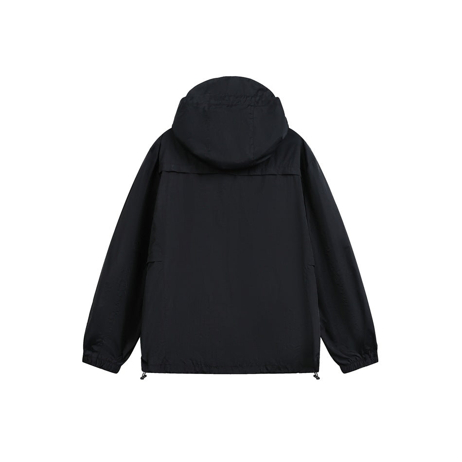 Back view of a black hooded jacket with elastic cuffs and adjustable hem cords on a white background.