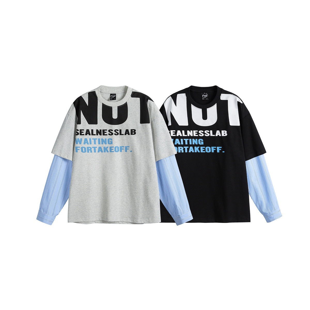 Two layered-look graphic T-shirts shown flat: one light gray and one black, both with blue striped sleeves.
