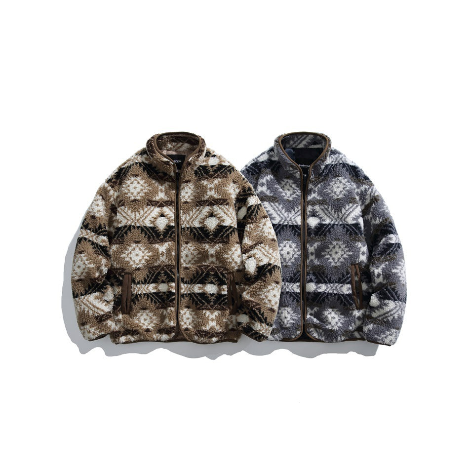 Two geometric fleece zip jackets displayed together: one cream and brown, the other gray and navy.