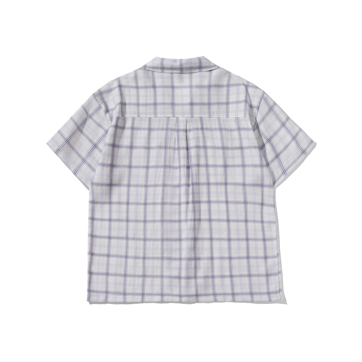 Back view of a short-sleeve pale lavender and white plaid shirt laid flat, with a pleated yoke.