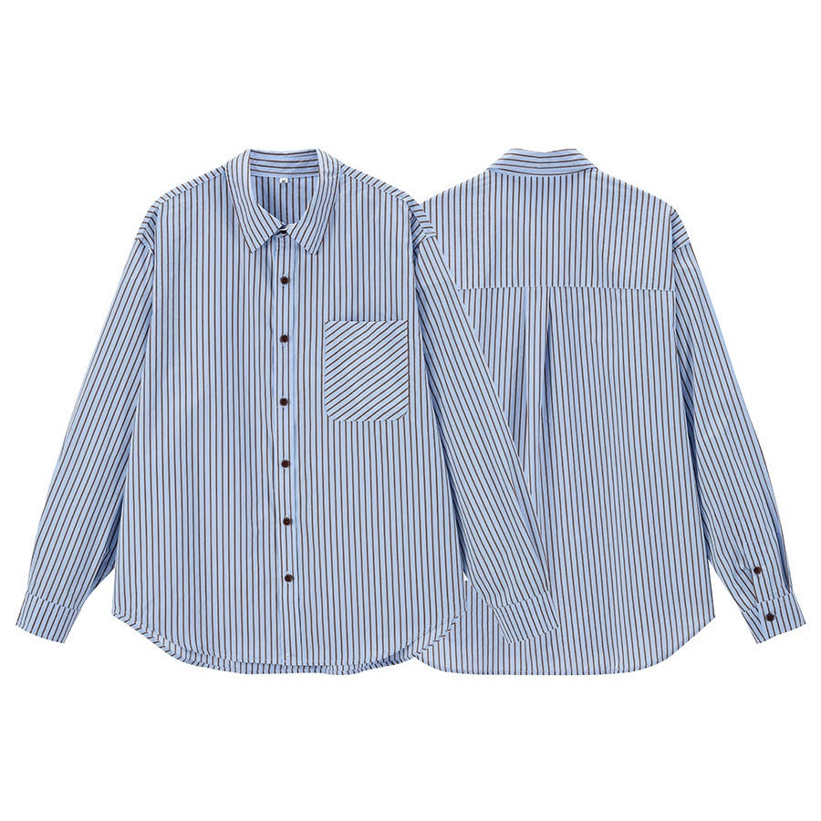 Blue and Brown Striped Shirt for Women with Chest Pocket