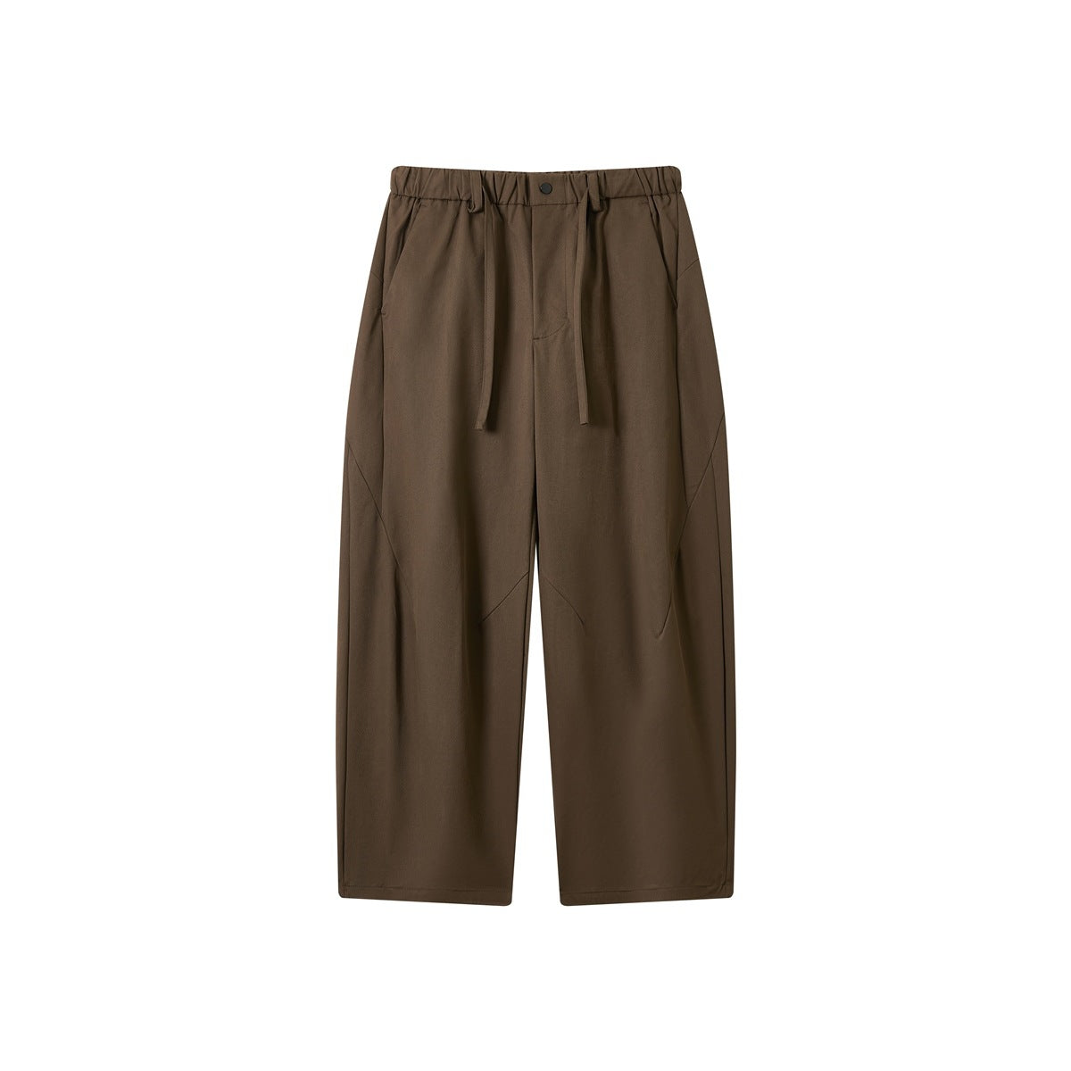Coffee brown wide-leg trousers flat lay, front view, with elastic drawstring waist and curved seams