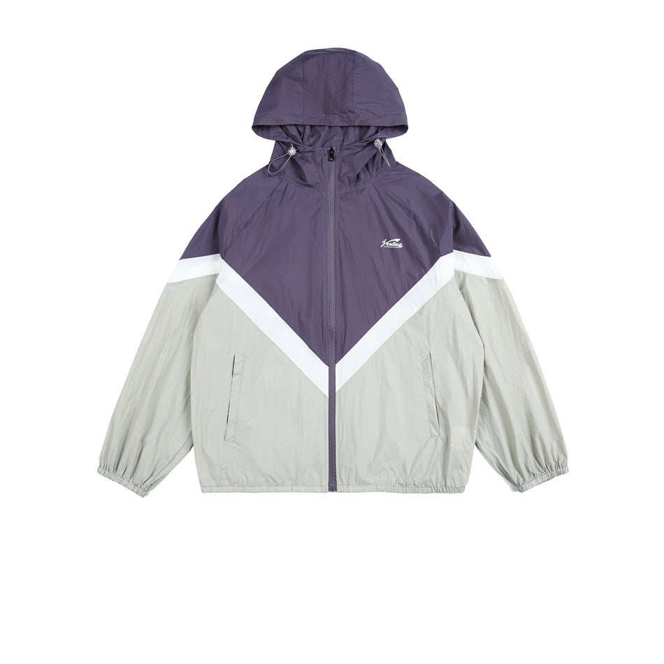 Purple and light gray color-block hooded zip jacket with white chevron stripe, flat lay front view
