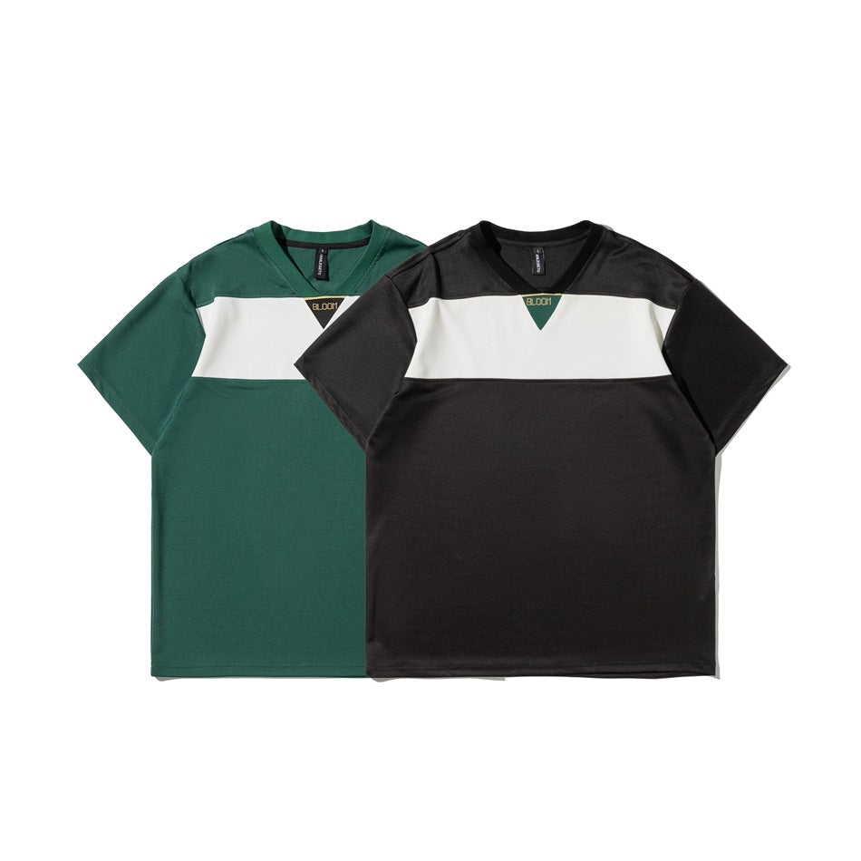 Front view of two short-sleeve V-neck shirts, one dark green and one black, both with a white chest stripe.