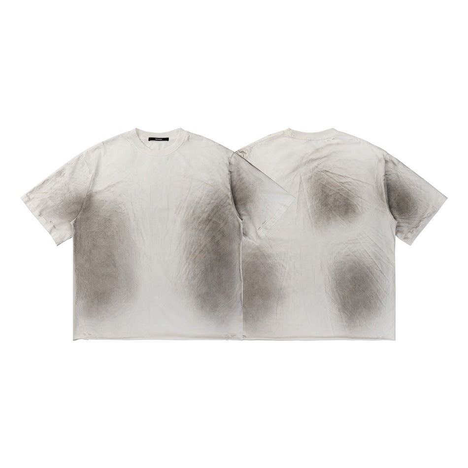 Pale gray short-sleeve crew-neck T-shirt shown flat from the front and back, with smoky gray wash patterns.