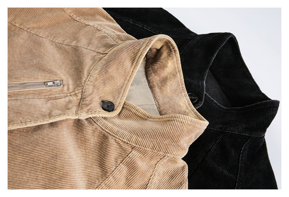 Close-up of tan and black corduroy jackets showing wide collars, buttons, and a zip pocket.