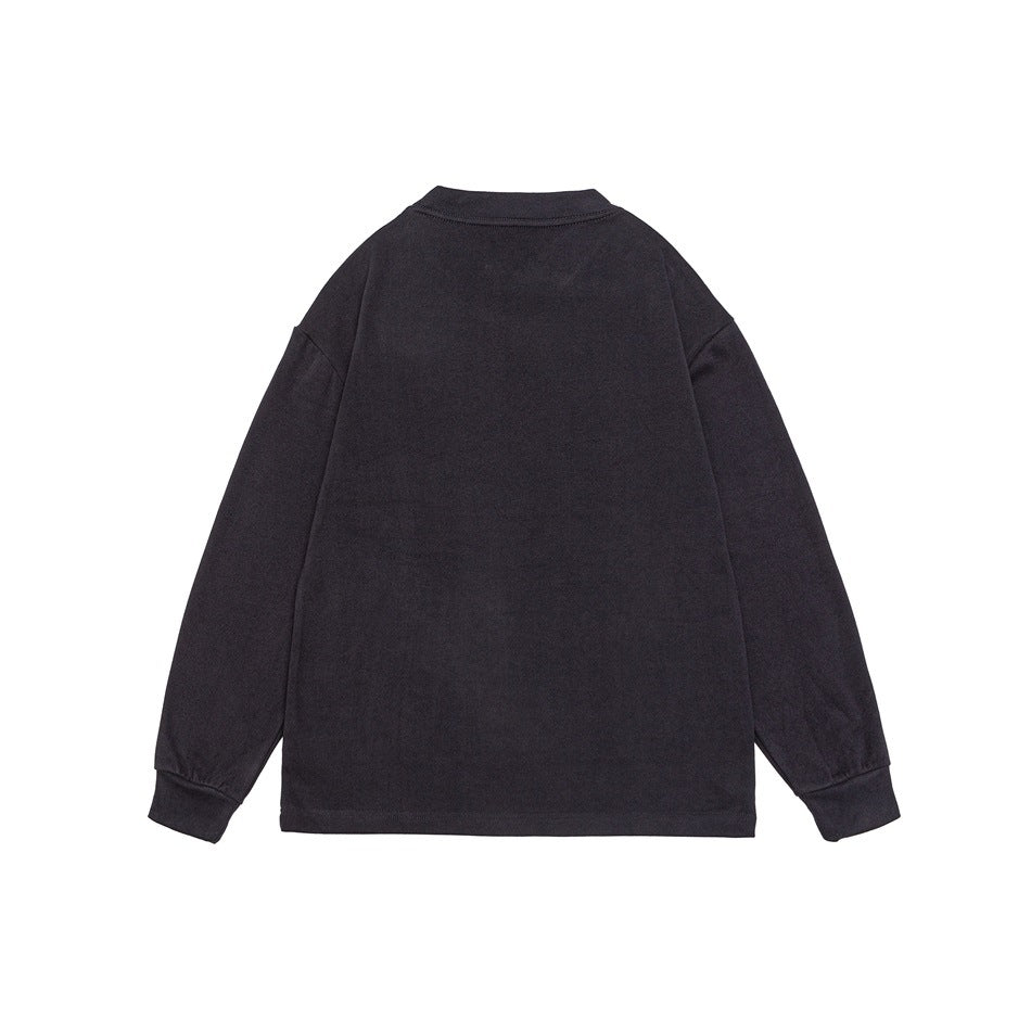 Flat rear view of a dark charcoal long-sleeve crewneck sweatshirt with ribbed collar and cuffs.