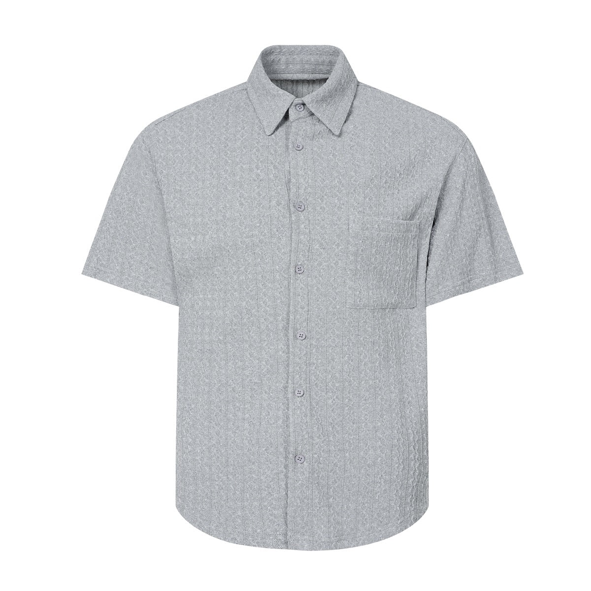 Heather gray short-sleeve button-up shirt with textured pattern, collar and chest pocket, front view