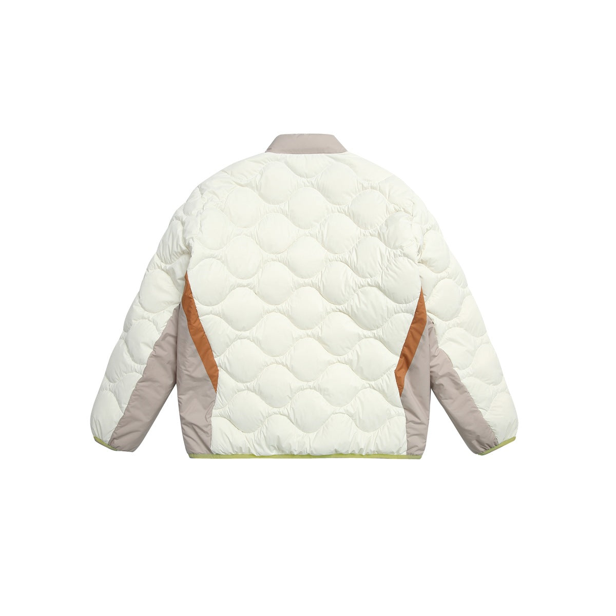 Back view of an ivory quilted jacket with wavy stitching, taupe panels, and rust-colored side accents.