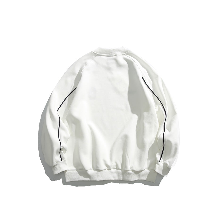 Back of a white crewneck sweatshirt with thin dark piping along the raglan sleeves.