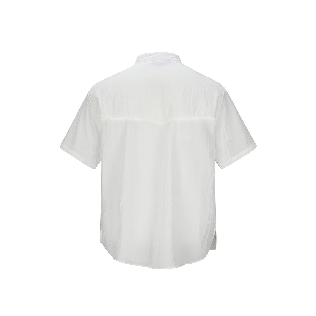 Back view of a white short-sleeve shirt with a stand collar and curved yoke seam.