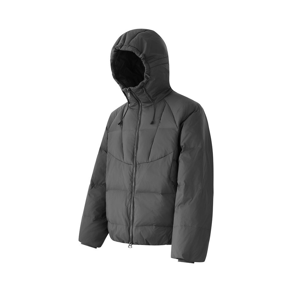 Charcoal gray hooded puffer jacket shown from the front at an angle, with a zip closure and adjustable hood.